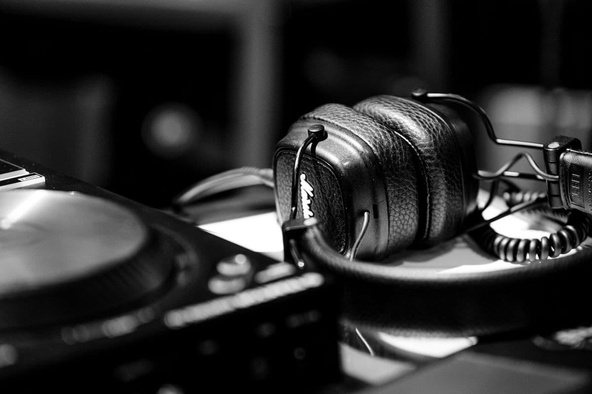Headphones resting on a record