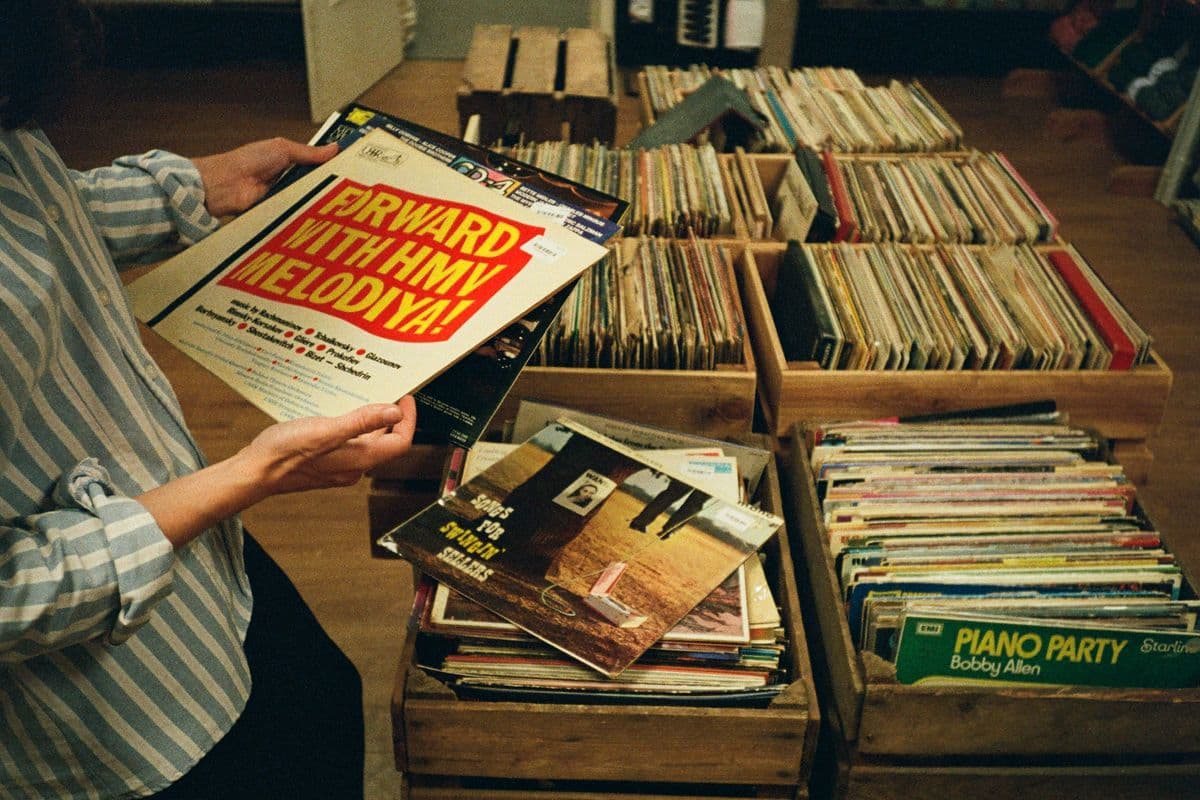 A crate of vinyl records